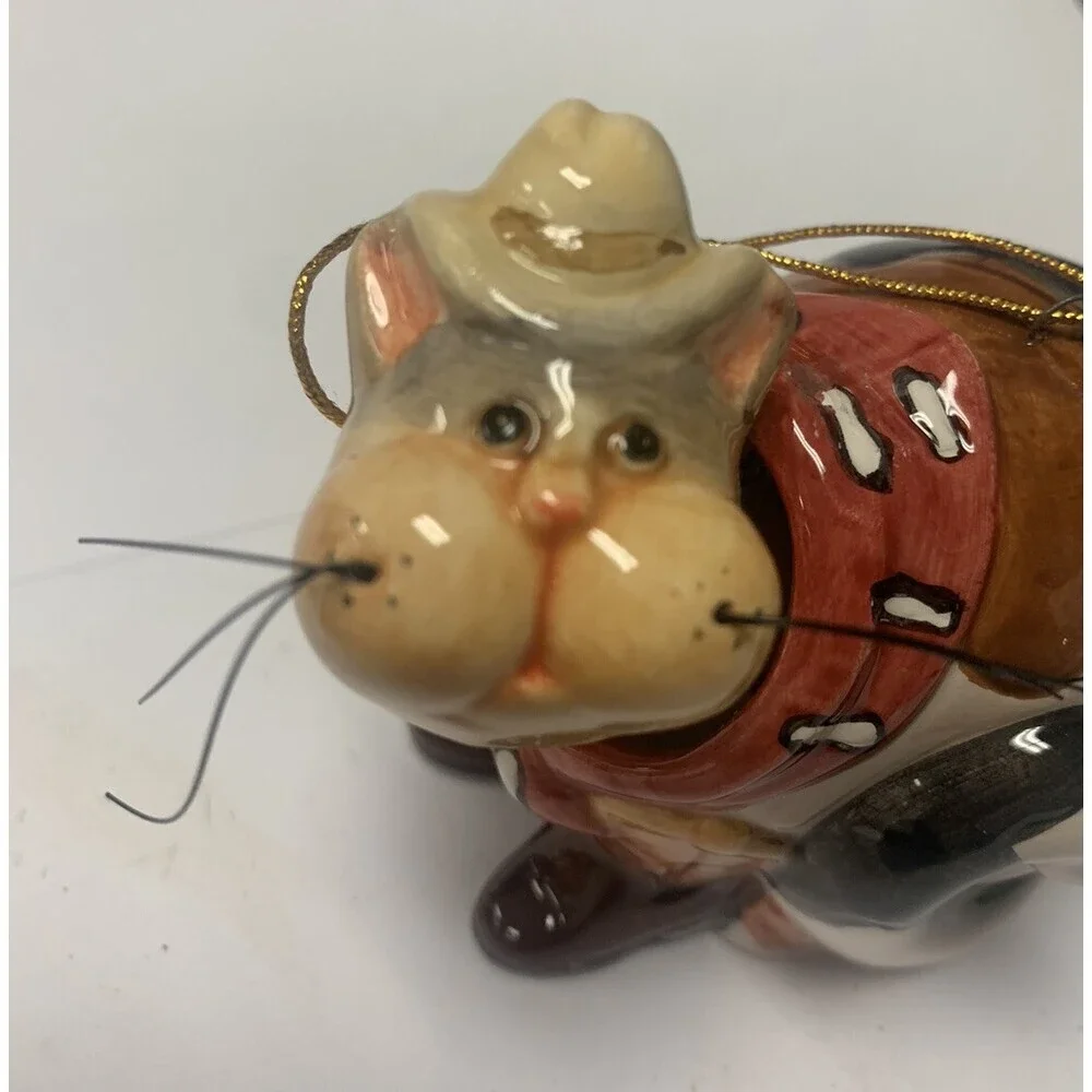 Bobble Head Cat Cowboy Ceramic Christmas Ornament 4”x3”x2”